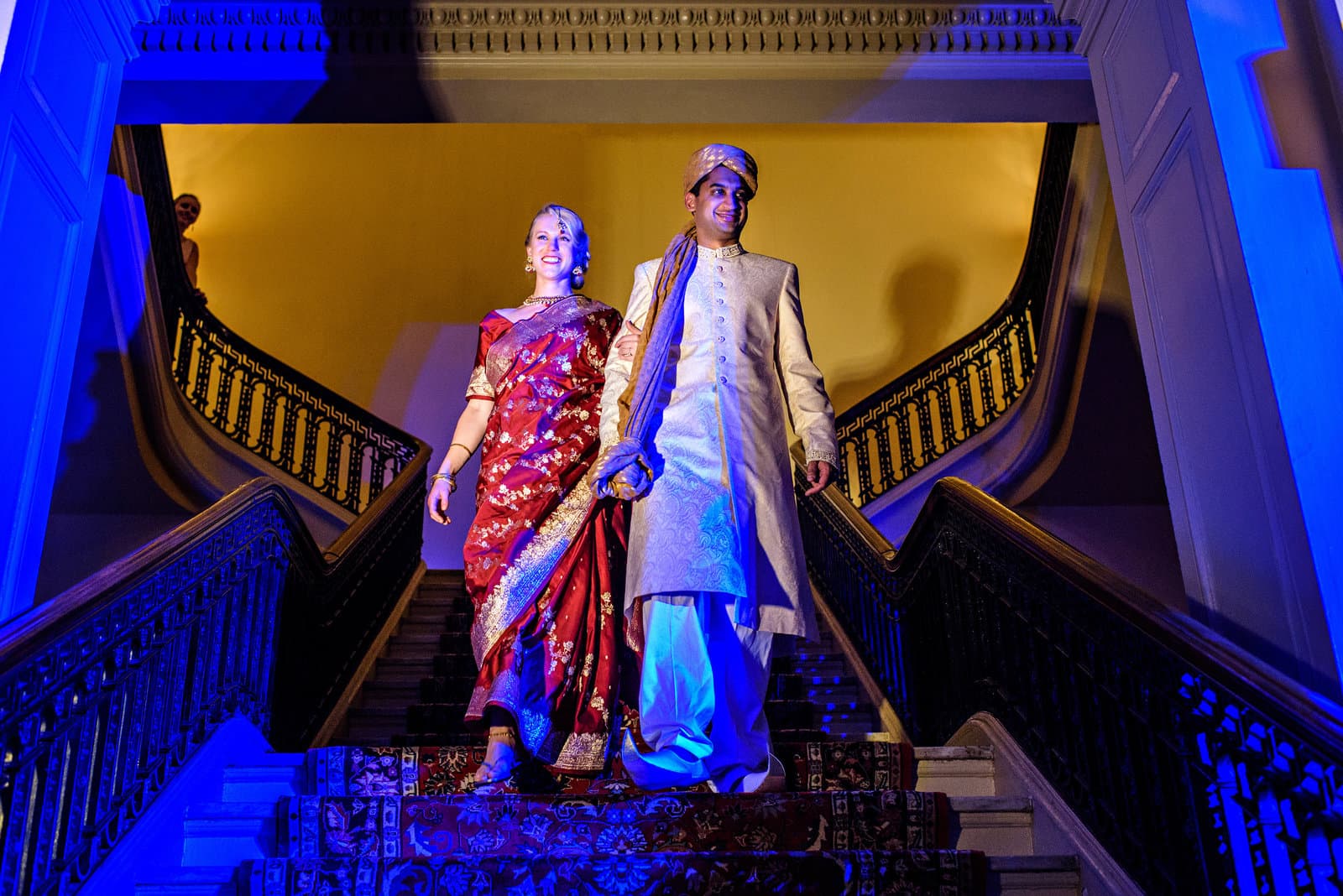 A couple on a grand staircase at a Philadelphia wedding venue