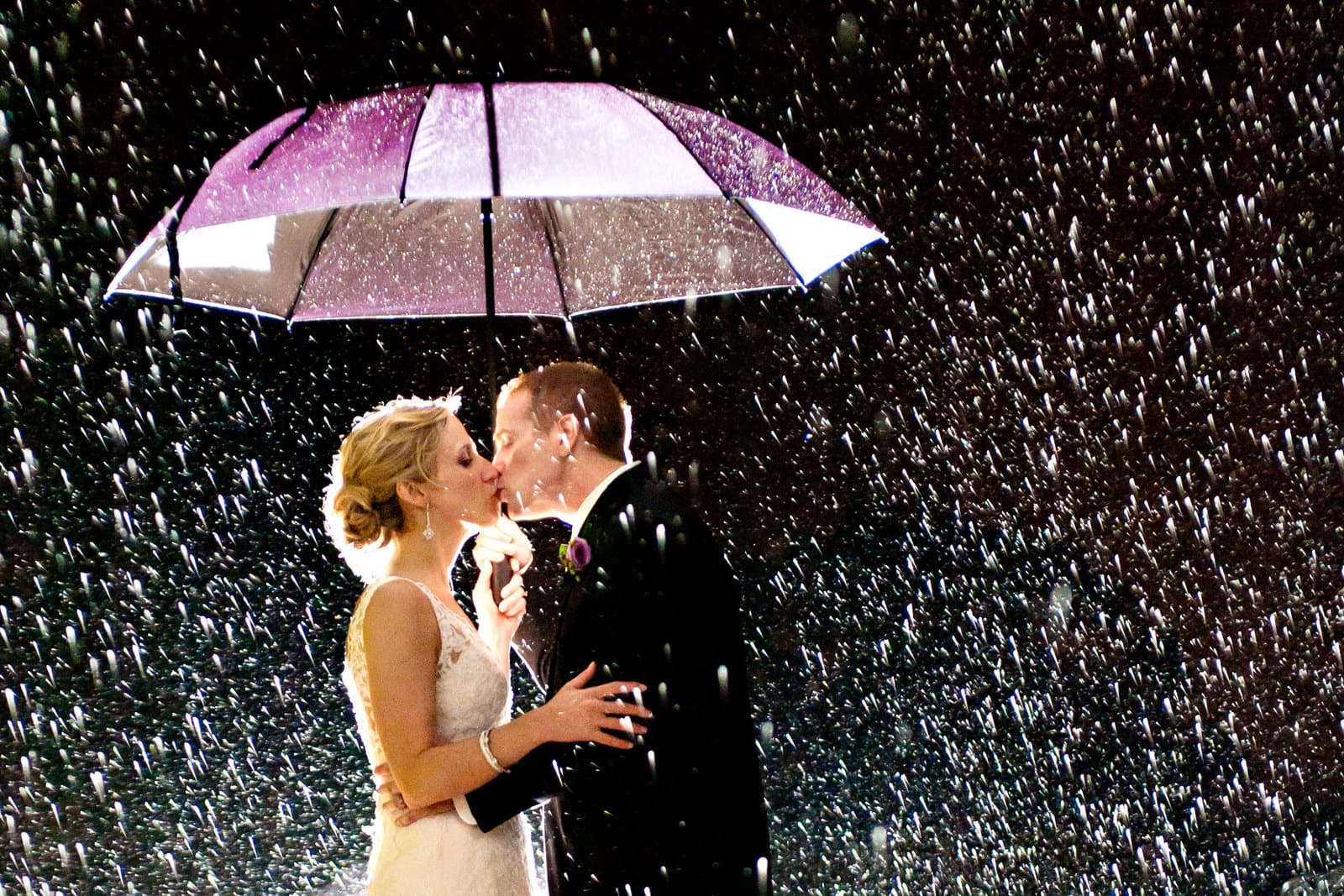A couple kissing under an umbrella in the rain